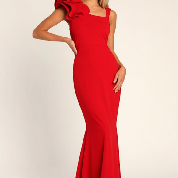 Lulus Lucette Red Sleeveless Ruffled Mermaid Maxi Dress - Size S - Picture 1 of 1